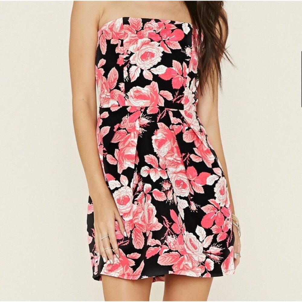 Forever 21 Rose Print  Strapless Dress Size Small
